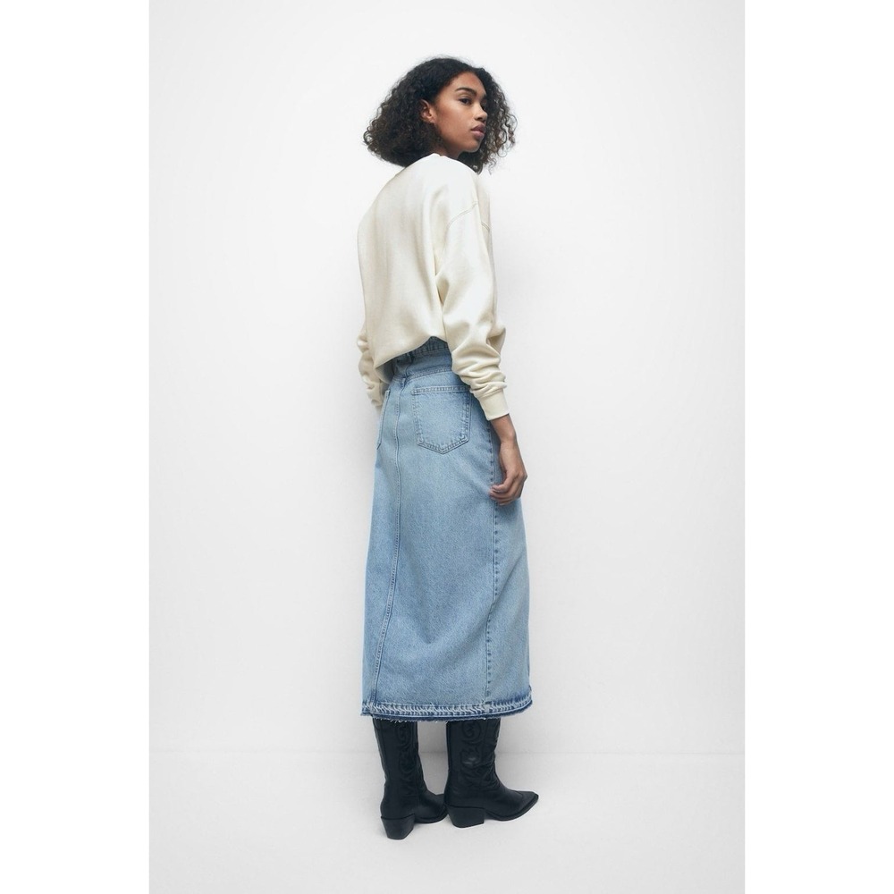 Pull & Bear Denim Midi Skirt S Blue High Rise‎ Slit Y2K Minimalist Grunge